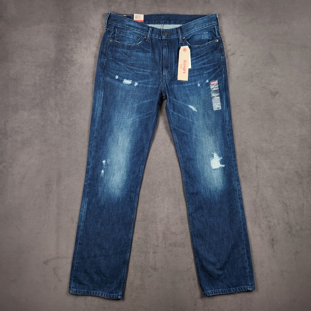 Levis 514 Straight Fit Jeans Mens 36x36 Blue Distressed Ripped Denim NEW - Picture 1 of 11